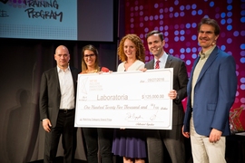 Mariana Costa, second from left, the co-founder and CEO of job-training firm Laboratoria. Based in Peru, the firm was one of four grand-prize champions at the Inclusive Innovation Competition.