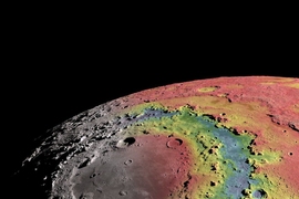 This image shows free-air gravitational anomalies and a shaded topographic relief of the Moon’s 930-km-diameter Orientale impact basin. Red corresponds to mass excesses and blue to mass deficits relative to a reference value. This gravitational field model, based on measurements acquired from the NASA GRAIL mission, shows the detailed structure of the central basin depression that is filled with...