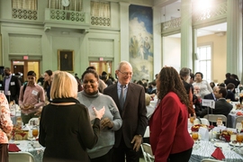 MIT President L. Rafael Reif spoke with attendees at the 43rd annual MIT MLK Celebration on Wednesday, Feb. 15.