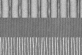 These scanning electron microscope images show the sequence of fabrication of fine lines by the team's new method. First, an array of lines is produced by a conventional electron beam process (top). The addition of a block copolymer material and a topcoat result in a quadrupling of the number of lines (center). Then the topcoat is etched away, leaving the new pattern of fine lines exposed (bottom)...