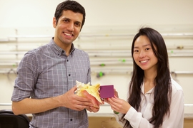Researchers at MIT have explored the secrets behind the conch shell’s extraordinary impact resilience. The findings are reported in a new study by MIT graduate student Grace Gu (right), postdoc Mahdi Takaffoli (left), and McAfee Professor of Engineering Markus Buehler.
