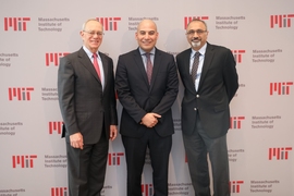 (Left to right) L. Rafael Reif, President of MIT; Fady Mohammed Jameel, president of Community Jameel International; and Sanjay Sarma, MIT vice president for open learning