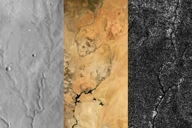 (Left to right): River networks on Mars, Earth, and Titan. Researchers report that Titan, like Mars but unlike Earth, has not undergone any active plate tectonics in its recent past. 
