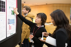 Conference participants discussed research presented in a poster session, during a break in the daylong SENSE.nano conference, which marked the launch of a new “center of excellence” for MIT research.