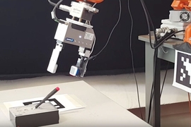 A GelSight sensor attached to a robot’s gripper enables the robot to determine precisely where it has grasped a small screwdriver, removing it from and inserting it back into a slot, even when the gripper screens the screwdriver from the robot’s camera.
