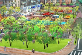 A large plaza at the corner of 3rd Street and Broadway provides green space, a water feature representing an extension of the Broad Canal, retail kiosks, and a multipurpose innovation facility.