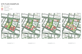 The team has identified four potential site plans that would work under the proposed zoning showing different locations for the open space and buildings.