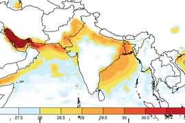 A new study shows that without significant reductions in carbon emissions, deadly heat waves could begin within as little as a few decades to strike regions of India, Pakistan, and Bangladesh. This map shows the maximum wet-bulb temperatures (which combine temperature and humidity) that have been reached in this region since 1979. 
