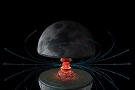 New measurements of lunar rocks have demonstrated that the ancient moon generated a dynamo magnetic field in its liquid metallic core (innermost red shell). The results raise the possibility of two different mechanisms — one that may have driven an earlier, much stronger dynamo, and a second that kept the moon’s core simmering at a much slower boil toward the end of its lifetime. 
