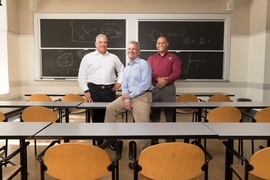From left: Nelson Olivier, veteran, former MIT postdoc, and student in the MIT Sloan School of Management’s executive MBA program; Sidney T. Ellington, executive director of the Warrior Scholar Project; and Bill Kindred, veteran, EMBA student, and human resources manager at MIT’s Lincoln Laboratory.
