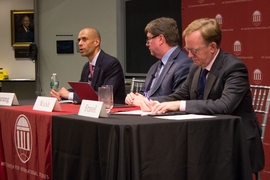 (Left to right): Vipin Narang, associate professor of political science and a member of the Security Studies Program; Taylor Fravel, associate professor of political science, a member of the Security Studies Program, and acting director of the MIT Center for International Studies; and Jim Walsh, senior research associate at the Security Studies Program.