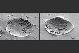 Micrographs of a metal surface after impact by metal particles. Craters are formed due to melting of the surface from the impact.
