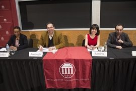 Speakers at the Feb. 26 Starr Forum, "Is Democracy Dying?"  Left to right: Melissa Nobles, Daron Acemoglu, Maria Ramirez, and Yascha Mounk.
