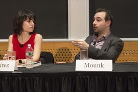 Journalist Maria Ramirez of Univision (left), and Harvard University lecturer Yascha Mounk, author of "The People Versus Democracy," at the Feb. 26 Starr Forum. 