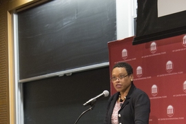 Melissa Nobles, the Kenan Sahin Dean of MIT's School of Humanities, Arts, and Social Sciences, and a professor of political science, at the Starr Forum.