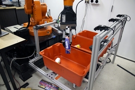 The “pick-and-place” system consists of a standard industrial robotic arm that the researchers outfitted with a custom gripper and suction cup. They developed an “object-agnostic” grasping algorithm that enables the robot to assess a bin of random objects and determine the best way to grip or suction onto an item amid the clutter, without having to know anything about the object before pic...