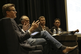 A panel discussion on how blockchain technology can transform energy markets featured (left to right) Michael Casey of MIT's Media Lab, Lawrence Orsini of LO3 Energy, Robert Trinnear of the Energy Authority, and William Bubinicek of ConnectM Technology Solutions.