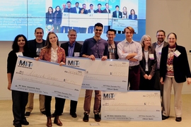 On Wednesday night, Oasis, a student team from Georgia Tech (center), won the $15,000 grand prize in the MIT Water Innovation Prize competition for its simple, inexpensive test for detecting E. coli in drinking water in India. Second-place prizes for $7,500 went to Velaron (right), developing a smart sensor system for aquaculture shrimp farmers, and Majik Water (left), developing a system that use...