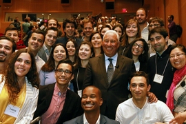 Prime Minister António Costa poses for photos after speeches in the Kirsch Auditorium of the Stata Center with students in the MIT Portugal Program.