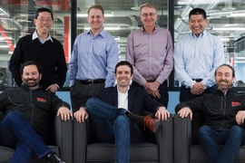 Desktop Metal co-founders (seated left to right): Ric Fulop, CEO and co-founder; A. John Hart, MIT professor; Jonah Myerberg, CTO; (standing left to right): Yet Ming-Chiang, MIT professor; Chris Schuh, MIT professor; Ely Sachs, MIT professor; Rick Chin, VP of Software
