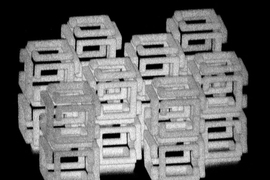 MIT engineers have devised a way to create 3-D nanoscale objects by patterning a larger structure with a laser and then shrinking it.  This image shows a complex structure prior to shrinking.