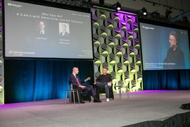 NBA Commissioner Adam Silver, left, speaks with journalist Bill Simmons, right, at the MIT Sloan Sports Analytics Conference, Friday, March 1, 2019.