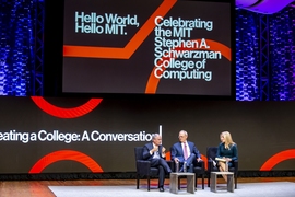 (L-R) Stephen A. Schwarzman and MIT president L. Rafael Reif in a conversation moderated by Becky Quick of CNBC