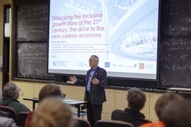 The economist Lord Nicholas Stern delivers the MIT Undergraduate Economics Association’s annual lecture, on climate economics, at MIT on Tuesday, April 9, 2019.