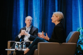 Stephen Pike, CEO of MassCEC (Clean Energy Center), and Emily Reichert, CEO of Greentown Labs, discussed the best ways to foster innovation and entrepreneurship in the clean energy sector.