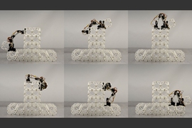 Sequence of photos shows an assembler robot at work, carrying one structural unit over the top and down the other side of a structure under construction.