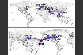 Based on their study, the authors found that focusing efforts to increase handwashing rates at just 10 airports chosen based on the location of the outbreak could significantly reduce disease spread. In these maps, they show the airports that would be targeted for outbreaks originating near Honolulu, Hawaii, or Dubai, United Arab Emirates.