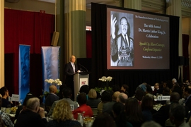 MIT President L. Rafael Reif addresses the crowd at this year’s MLK Jr. celebration luncheon.