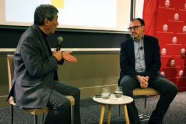 Luis Videgaray (right), director of MIT’s AI Policy for the World Project, talking with professor of political science Kenneth Oye (left), at Videgaray’s Starr Forum lecture, hosted by the Center for International Studies, on February 19, 2020.