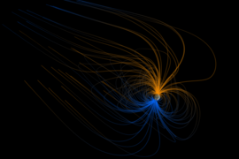 This visualization shows the magnetic field around Earth, or the magnetosphere. Earth’s magnetic field origins are still a mystery, a new MIT study finds.