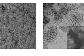 Transmission electron microscope images show the activity of different catalyst materials, iron sulfide (left) and iron sulfide doped with platinum (right). The latter was found to be a much more efficient catalyst, and was used for the team's experiments.