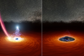 Astronomers at MIT and elsewhere watched a black hole’s corona disappear, then reappear, for first time. A colliding star may have triggered the drastic transformation.