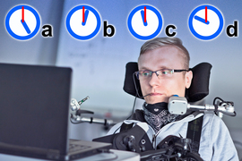 A man sits in a chair looking at a screen with devices near his face. Illustrations of four analog clocks showing different times are superimposed. 