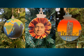 Three ornaments are pictured: a globe ornament, a sunflower ornament of Professor Robert van der Hilst and an ornament with an illustration of the EAPS building.