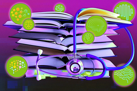 A pile of textbooks and a stethoscope are on a pink background. Green circles with AI-brain icons float around.