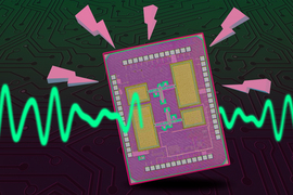 A purple chip on decorative background. A green terahertz wave zips across the screen, through the chip. The chip has pink lightning bolt icons emanating from above, as if it has been turned on.