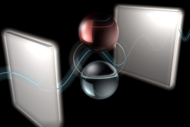 2 square grey mirrors are on the left and right, and a laser beam’s wave passes through them. In between are two glossy spherical quasiparticles, one grey and one red, connected by 2 curved lines, and the laser beam passes through them.