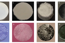 8 images show discs of hydrogels, labeled A-H. The bottom rows are very wet, and the top looks dry.