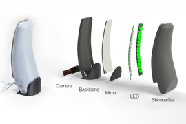 The finger-shaped sensor parts, the camera, backbone, mirror, LED light, and silicone gel, are pictured.