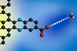 A lattice of molecules is on left. A red proton moves from the molecule to an ion made of 1 red and 2 white spheres.
