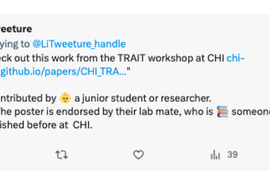A tweet from LiTweeture notes that a tweet about an article was “contributed by a junior student or researcher. The poster is endorsed by their lab mate, who is someone who published before at CHI.”