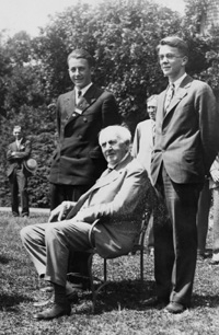 Wilber B. Huston (right) and Arthur O. Williams Jr. (S.B 1934) flank their benefactor, inventor Thomas A. Edison, at the announcement that Williams won the second Edison contest scholarship in 1930. Below: a recent snapshot of Huston.