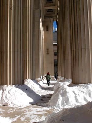 IAP was largely a snowy affair this year, as shown by the snow piles around the columns on the porch off Lobby 10.