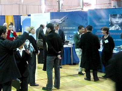 Students and representatives from European companies mill about MIT's Rockwell Cage during the European Career Fair, the only fair of its kind in the U.S.
