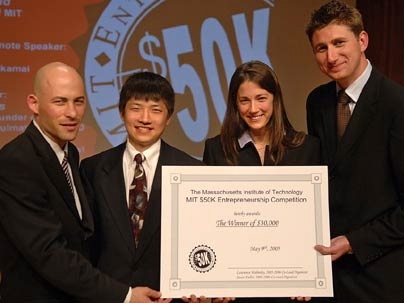 The Balico team is shown accepting $30,000 in start-up money at the final awards ceremony of the MIT $50K Entrepreneurship Competition held May 9. From left to right: MIT graduate student Baruch Schori, MIT Ph.D. candidates Harry Lee and Kathleen Sienko, and Jimmy Robertsson, a research engineer at Massachusetts Eye and Ear Infirmary.