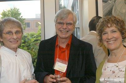 Alan Brody, MIT's associate provost for the arts, poses with his wife, Paula, left, and Debra Wise of the Underground Railway Theater at a benefit for a new theater that was held at the Hotel@MIT on Saturday, June 25.